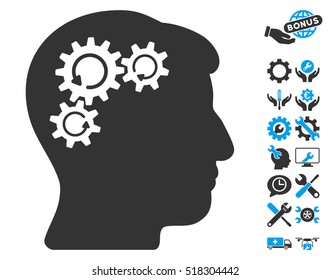 Mind Gear Rotation icon with bonus service pictograms. Vector illustration style is flat iconic blue and gray symbols on white background.