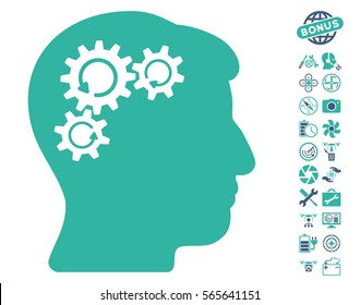 Mind Gear Rotation icon with bonus aircopter service pictograms. Vector illustration style is flat iconic cobalt and cyan symbols on white background.