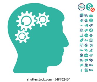 Mind Gear Rotation icon with free bonus icon set. Vector illustration style is flat iconic symbols, cobalt and cyan colors, white background.