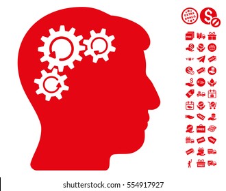 Mind Gear Rotation icon with free bonus symbols. Vector illustration style is flat iconic symbols, red color, white background.