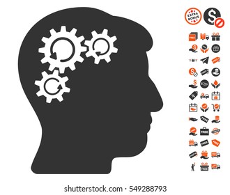Mind Gear Rotation pictograph with free bonus icon set. Vector illustration style is flat iconic symbols, orange and gray colors, white background.
