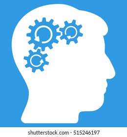 Mind Gear Rotation vector pictogram. Style is flat graphic symbol, white color, blue background.