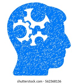 Mind Gears grainy textured icon for overlay watermark stamps. Flat symbol with dirty texture. Dotted vector blue ink rubber seal stamp with grunge design on a white background.