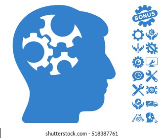 Mind Gears icon with bonus configuration symbols. Vector illustration style is flat iconic cobalt symbols on white background.