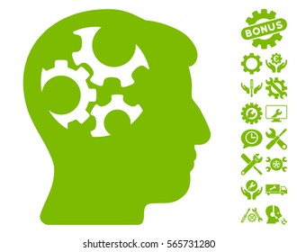 Mind Gears icon with bonus options pictures. Vector illustration style is flat iconic eco green symbols on white background.