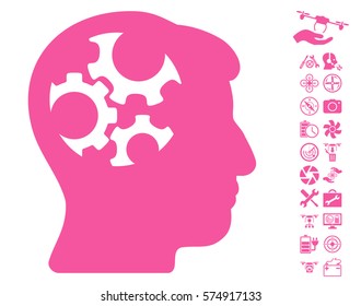 Mind Gears icon with bonus quad copter tools icon set. Vector illustration style is flat iconic symbols on white background.
