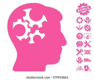 Mind Gears icon with bonus tools images. Vector illustration style is flat iconic pink symbols on white background.