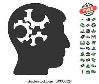 Mind Gears icon with free bonus images. Vector illustration style is flat iconic symbols, green and gray colors, white background.