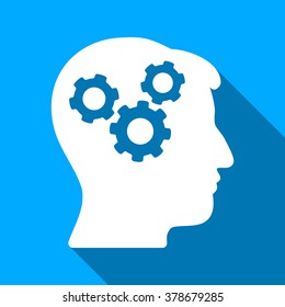 Mind Gears long shadow vector icon. Style is a flat light symbol with rounded angles on a blue square background.