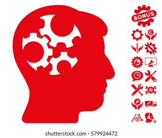 Mind Gears pictograph with bonus setup tools pictograms. Vector illustration style is flat iconic red symbols on white background.