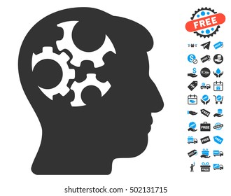 Mind Gears pictograph with free bonus pictures. Vector illustration style is flat iconic symbols, blue and gray colors, white background.