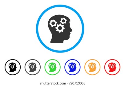 Mind Gears rounded icon. Style is a flat mind gears grey symbol inside light blue circle with black, gray, green, blue, red, orange variants. Vector designed for web and software interfaces.