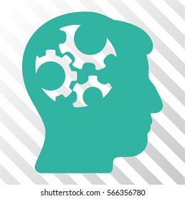Mind Gears vector icon. Illustration style is flat iconic cyan symbol on a hatched transparent background.