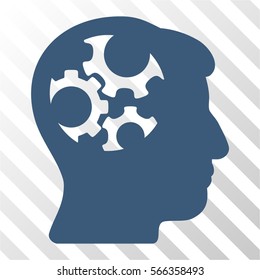 Mind Gears vector pictogram. Illustration style is flat iconic blue symbol on a hatched transparent background.