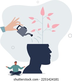 Mind growth progress concept.Head silhouette with businessman growing symbolic knowledge plant. Brain process and intellectual activity improvem.flat vector illustration.