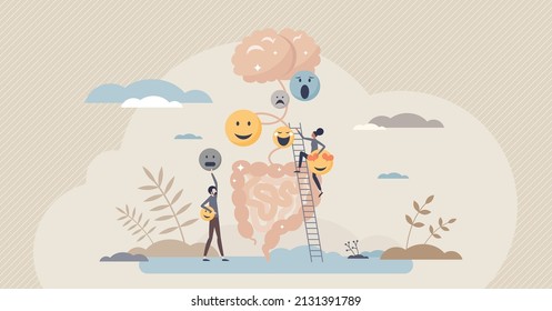 Mind Gut Connection And Digestive Interaction To Mood Tiny Person Concept. Gastrointestinal Wellness Interaction With Brain Vector Illustration. Healthy Gut Flora Impact On Feeling And Organ Wellness.