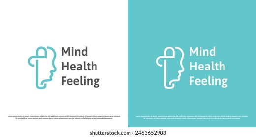 Mind health logo design illustration. Silhouette of human head face plus cross mental medical care support mind awareness pensive cerebral feelings neurology. Minimal simple people icon symbol.