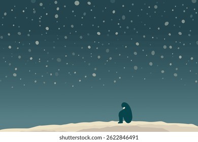 mind healthy concept, silhouette lonely person sitting alone under starry night, falling snow sky, flat vector cartoon art