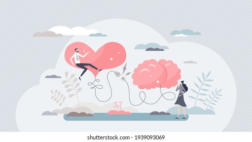 Mind heart connection moment as logic and emotion socket tiny person concept. Love, feelings and passion meets brain and common sense as relationship beginning moment and bonding vector illustration.