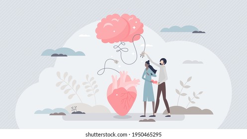 La conexión al corazón mental como lógica de relación y concepto de persona diminuta de emociones. El sentido común como cerebro vinculado con el amor, la pasión o los sentimientos por el equilibrio emparejado y la asociación une la ilustración vectorial.