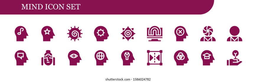 mind icon set. 18 filled mind icons.  Simple modern icons about  - Mind, Chakra, Inspiration, Creativity, Psychology, Psychologist, Buddha, Reflect, Intelligence, Freedom