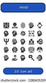  mind icon set. 25 filled mind icons. Simple modern icons about  - Psychology, Psychologist, Brain, Mind, Manipulator, Chakra, Reflect, Psi, Creativity, Esteem, Artificial intelligence