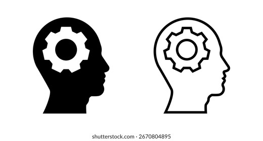 Mind icon set. Black and White Minimalist Head Profile with Gear Inside Mind Icon