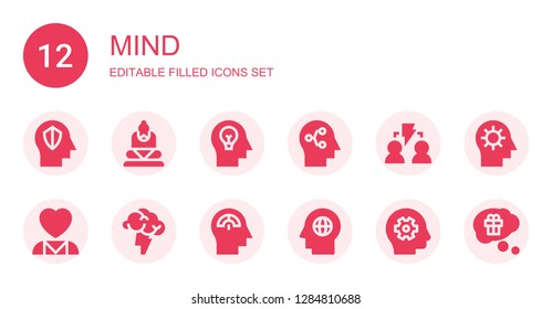 mind icon set. Collection of 12 filled mind icons included Mind, Buddha, Brainstorming, Mental health, Thinking