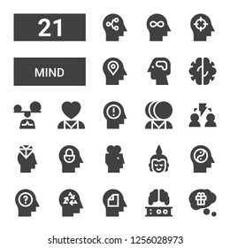 mind icon set. Collection of 21 filled mind icons included Thinking, Brain, Mind, Head, Buddha, Brainstorming, Mental health, Think, Mindfulness