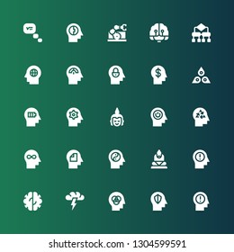 mind icon set. Collection of 25 filled mind icons included Think, Mind, Head, Brainstorming, Brain, Buddha, Chakra, Algorithm, Artificial intelligence, Manipulator, Thinking
