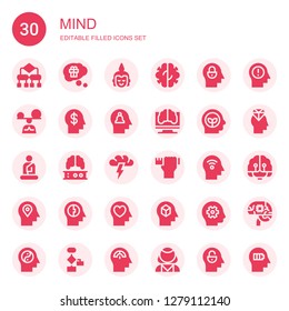 mind icon set. Collection of 30 filled mind icons included Algorithm, Thinking, Buddha, Brain, Mind, Mindfulness, Artificial intelligence, Think, Brainstorming, Design skills