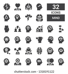 mind icon set. Collection of 32 filled mind icons included Mind, Mental health, Think, Cognitive, Head, Brain, Psychologist, Mindfulness, Thinking, Design skills, Algorithm, Manipulator