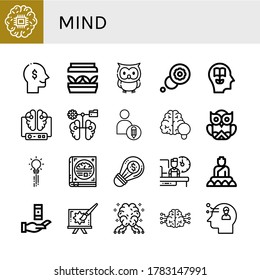 mind icon set. Collection of Brain, Thinking, Artificial light, Owl, Thought, Knowledge, Creative, Creativity, Psychology, Shift, Buddha, AI icons