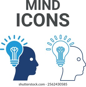 Mind icons. Containing the mind, brainstorming, head, neuron, cognition, thinking, intelligence, and more. Solid vector icons collection.