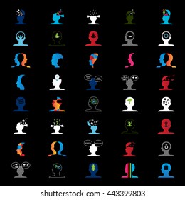 Mind Icons Set - Isolated On Black Background - Vector Illustration, Graphic Design. For Web, Websites, Presentation Templates, Mobile Applications And Promotional Materials. Silhouette, Thin Line 