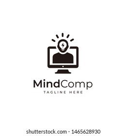 Mind idea computer logo. head bulb logo design template - vector