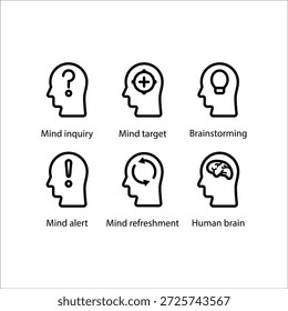 Mind inquiry, Mind target, Brainstorming, Mind alert, Mind refreshment, Human brain, icon