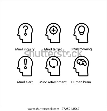 Mind inquiry, Mind target, Brainstorming, Mind alert, Mind refreshment, Human brain, icon