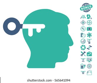 Mind Key icon with bonus aircopter service graphic icons. Vector illustration style is flat iconic cobalt and cyan symbols on white background.