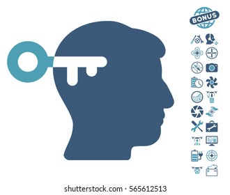 Mind Key icon with bonus quadrocopter tools symbols. Vector illustration style is flat iconic cyan and blue symbols on white background.