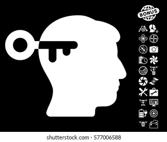 Mind Key icon with bonus quadrocopter tools pictures. Vector illustration style is flat iconic white symbols on black background.