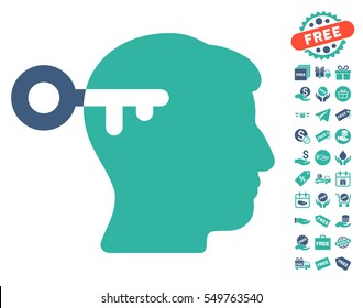 Mind Key icon with free bonus clip art. Vector illustration style is flat iconic symbols, cobalt and cyan colors, white background.