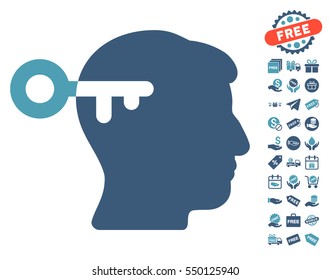Mind Key icon with free bonus design elements. Vector illustration style is flat iconic symbols, cyan and blue colors, white background.