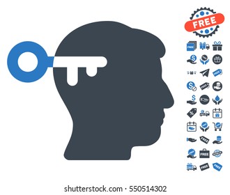 Mind Key icon with free bonus icon set. Vector illustration style is flat iconic symbols, smooth blue colors, white background.
