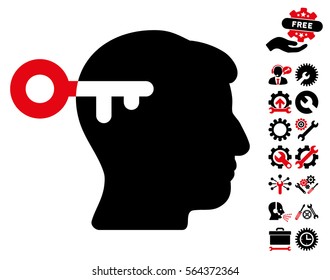 Mind Key pictograph with bonus settings clip art. Vector illustration style is flat iconic intensive red and black symbols on white background.