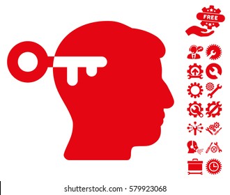 Mind Key pictograph with bonus tools graphic icons. Vector illustration style is flat iconic red symbols on white background.