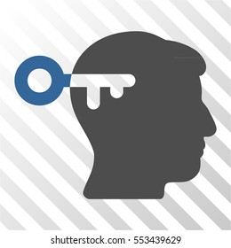 Mind Key vector icon. Illustration style is flat iconic bicolor cobalt and gray symbol on a hatched transparent background.