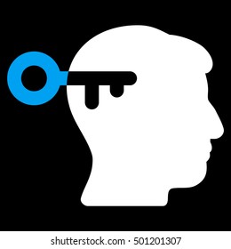 Mind Key vector pictogram. Style is flat graphic bicolor symbol, blue and white colors, black background.