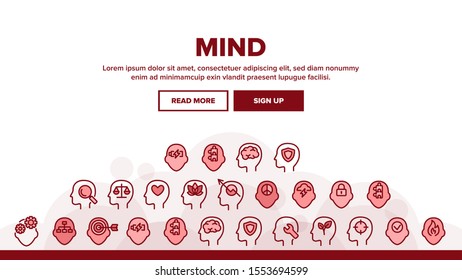 Mind Landing Web Page Header Banner Template Vector. Padlock And Fire, Plant Leaves And Shield, Puzzle And Battery, Heart And Mind In Man Head Silhouette Illustration