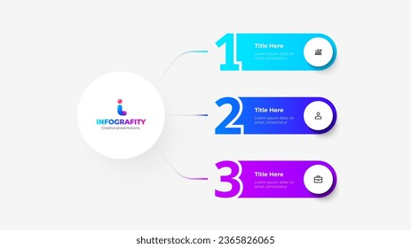 Mind map with 3 numbers elements connected to main circle. Flowchart with three steps